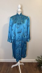 VTG Mid Century Turquoise Floral Rayon Blend Chinese Robe Ashoka Sz L (40)