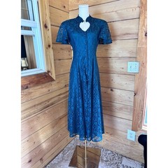 Vintage Lace Midi Dress Women Large Teal Blue Corset Back Keyhole Sheer Overlay