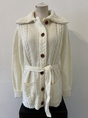 Vintage 70s Cable Knit Cardigan Wood Button Front Tie Waist Cottage Fisherman