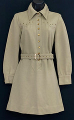 Vintage 1970s drab green mini dress long sleeve taupe neutral rivets fall winter