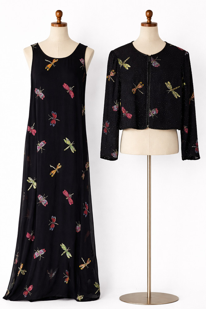 Vintage New Options Butterfly Dragonfly Maxi Dress Jacket Beaded Sequin Medium