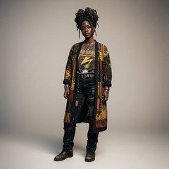 1990s African Tapestry Graphic Duster Coat Jacket Mudcloth Patchwork Reversible