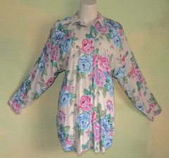 Rose Print Rayon Long Sleeve Blouse Vintage Paris Sport Club Blue & Pink