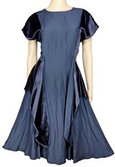 Vintage Wild Rose Dress 1980s Does 1950s Layered Dark Blue Satin/Matte Rayon 6