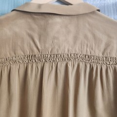 Serge Nancel Paris Vintage 100% Silk Smocked Blouse Tan Peter Pan Collar Sz 44