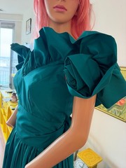 🌹 Vtg 80s Emerald Green Satin Princess Dress Puff Sleeve Rosette Prom Gown S M
