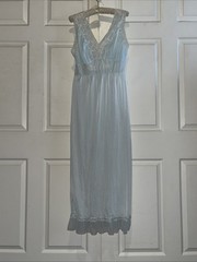 Vintage Powder Blue V Neck Lace Floral Nylon Long Gown Ruffle Hem