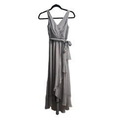 David’s Bridal Womens Dress Size 10 Light Grey Wrap Ruffle Hem Tie Waist
