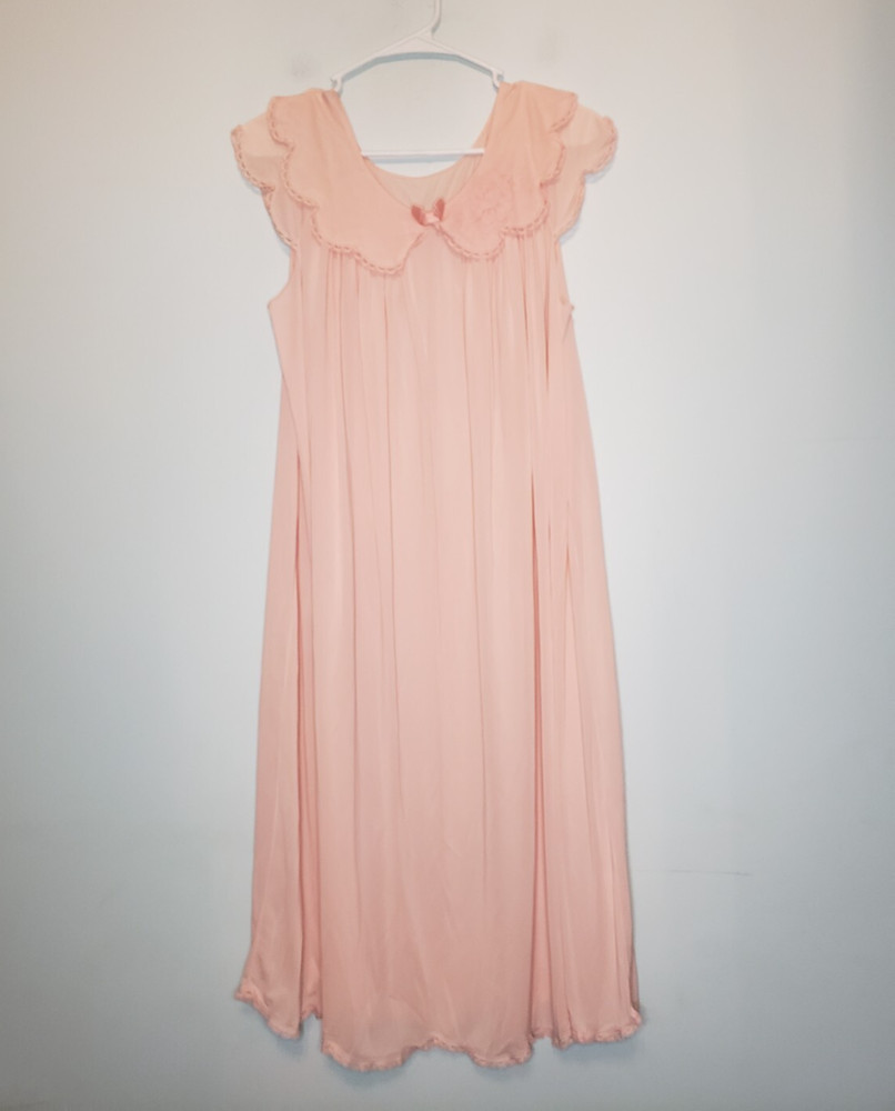 Vtg Shadowline Womens L Nightgown Ruffle Scalloped Pink Semi Sheer Grannycore