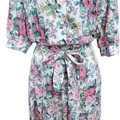 Vintage Shirt Dress Floral Cottage Grandma Romantic Pink Green Belted Fits XS/S