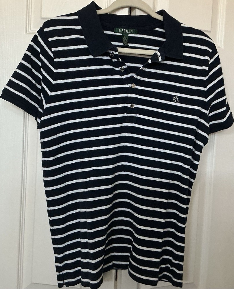 VTG,Ralph Lauren,Ladies,SZXL,Polo Collared Top,Navy Stripping,SS,Logo,Cotton