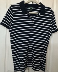 VTG,Ralph Lauren,Ladies,SZXL,Polo Collared Top,Navy Stripping,SS,Logo,Cotton