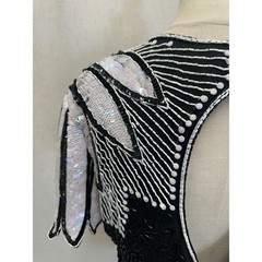 Stenay 100% Silk Beaded Sequin Black White Top Womens 14 Vintage Evening Blouse