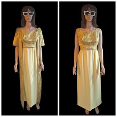 True VTG Mid-century MOD 1960s Two-piece Gold Brocade Evening Gown & Long Coat M