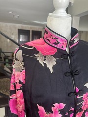 Leonard Of Paris Black Satin Pink Orchids Knee Length Tunic Coat Frog Closure 42
