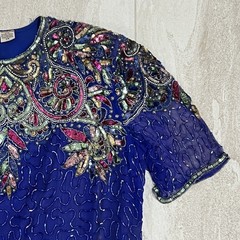 Vintage Laurence Kazar Beaded Sequin Pure Silk Dress Top 2x EUC Blue
