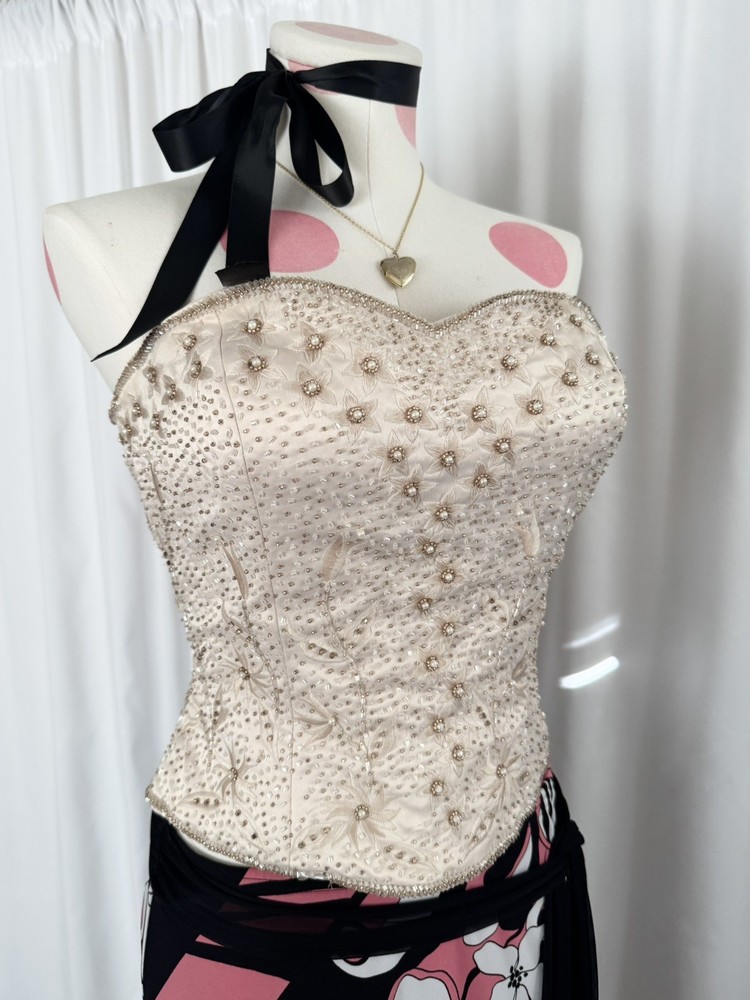 Vintage Y2K Ivory Crème Pearl Beaded Satin Princess Corset Bustier Formal Top M