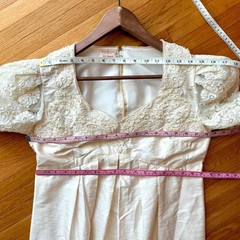 Vintage 70s Handmade Beaded Lace & Silk Cream Wedding Dress Empire Waist Size 12
