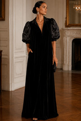 Vintage David Brown Saks Fifth Ave Black Velvet Evening Gown Puff Sleeve L USA