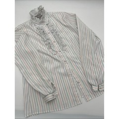 Women’s Vintage White Multi-Stripe Ruffle Button-Down Shirt by Amelia B