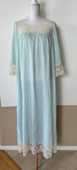 Vtg Pale Blue Satin Nightgown Maxi Sz M CORHAN NOUMAIR Floral Lace USA