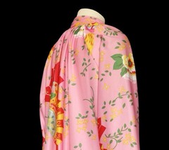 1970s Pink Japanese Fan Floral Housedress Maxi Robe Kaftan Tie Neck Vintage