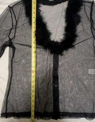 Black Nylon VTG Sheer Mesh Top V Neck Grunge Feather Trim Y2K Goth Party