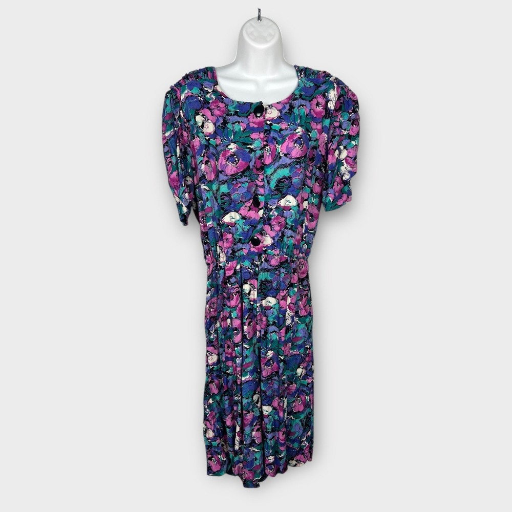 Vintage Floral Culotte Romper Dress Purple Black Secretary Style Medium/12