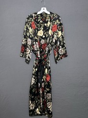 Cacique Vintage Silk Robe P/S Black WFloral Print 50” Long Replacement Belt Tie