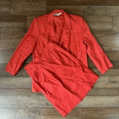 VTG Saks Fifth Avenue Linen Blazer Skirt Suit Set Coral Red Size 12 USA Made 6E8