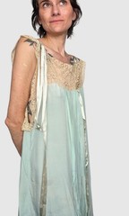 1920s Seafoam Silk Chiffon Flapper Dress With Lace Yoke & Ribbonwork
