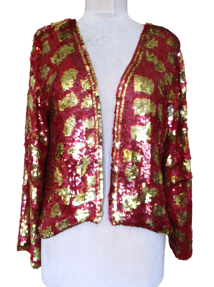 Vintage Le Mieux Sequin Jacket L Women Red Gold Silk