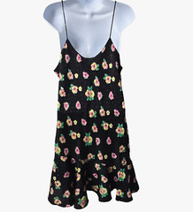 Jo Intimates Satin Slip Dress L Ruffle Knee Length Black Floral Pink Vintage 90s
