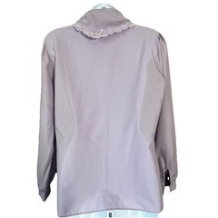 Vintage Laura Mae Blouse Womens L Lavender Ruffle Bow Neck Tie Lace Puff Sleeve
