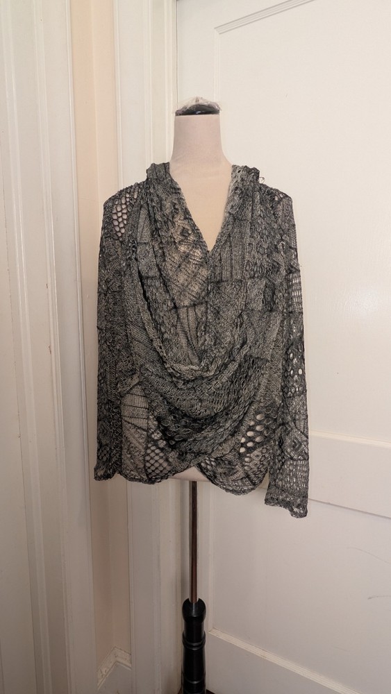 Vintage Bebe Addiction Criss Cross Drape Long Sleeve Laser Lace Top w/Hood-S USA