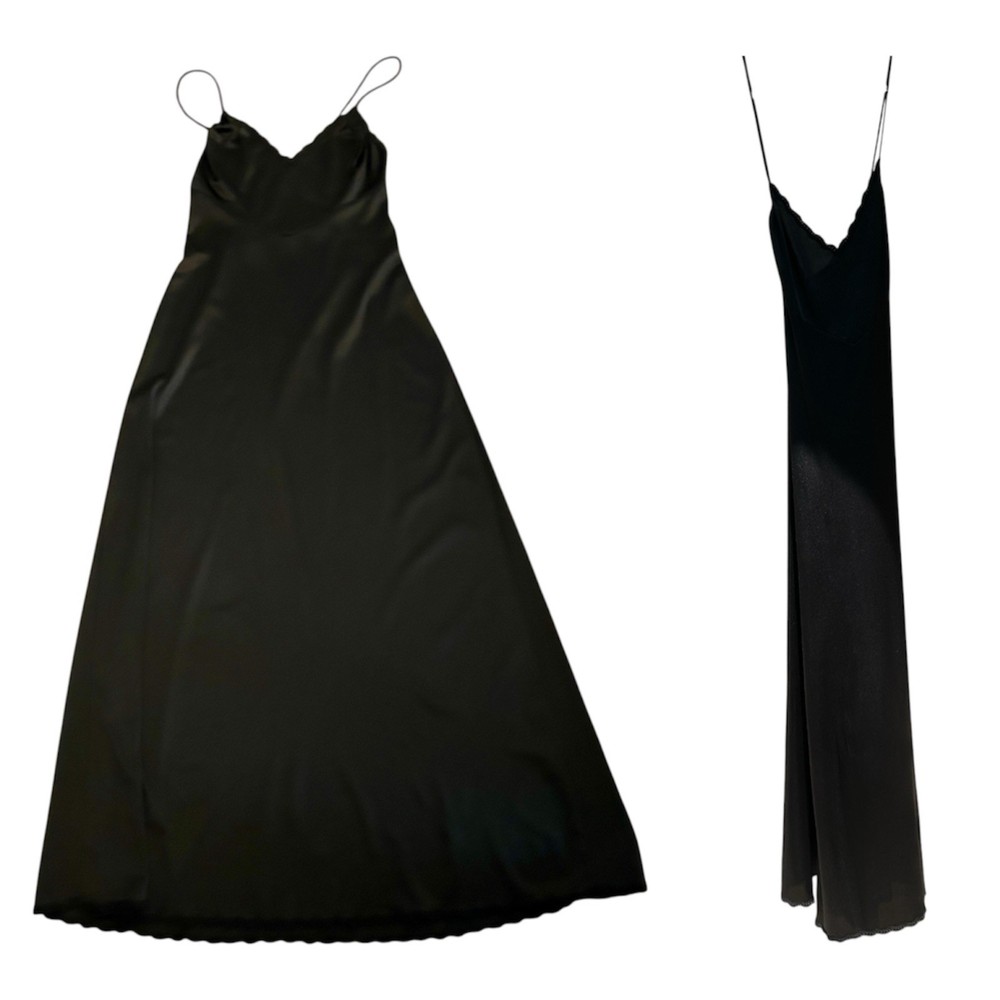 1970s Vanity Fair Disco Style Black Satin Slip Spaghetti Straps Glam Nightgown