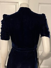 Vintage Antique 1930s Royal Blue Bias Cut Velvet Dress W/Stone Brooch Hat Belt