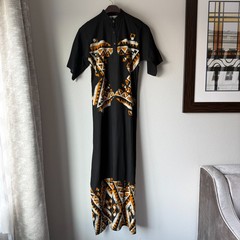 Vintage Batik Printed Boho Black Orange Geometric Pattern Maxi Dress M/L Tall
