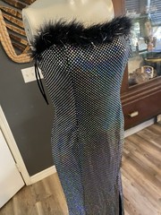 Vintage Green Land Glamour Hollywood Evening Dress Silver Dots Feather Trim Sz M