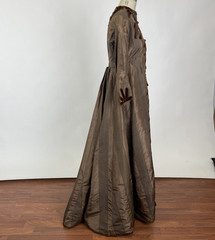 Antique 1860s Brown Striped Silk Long Coat Jacket With Velvet Trim AS IS