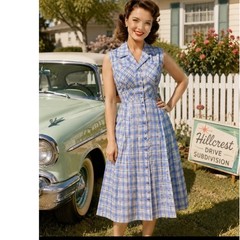 Vtg 50’s Blue Plaid Sleeveless Shirtwaist Dress Silver Metallic Thread Midi XL