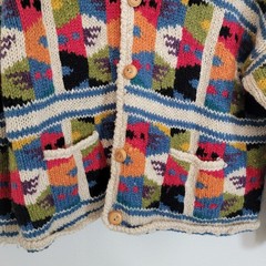 Express Tricot Vintage Hand Knitted 100% Wool Multicolor Patchwork Cardigan M/L