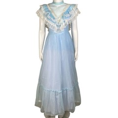 Vintage 70s Prairie Maxi Dress Blue Swiss Dot Lace Ruffle Trim High Neck Size 3
