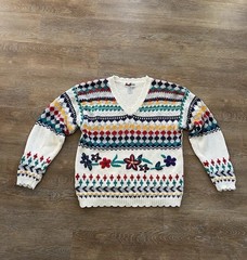 Vintage AJ Brandon Hand Embroidered Fair Isle Sweater M Ramie Cotton 90s