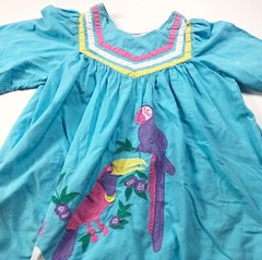 Vintage 70s Dress Womens size Large Parrot Bird Party Kitsch Patio Blue Maxi