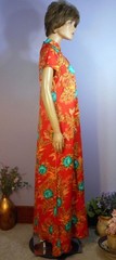 Vintage ‘70s Hilo Hattie’s Mandarin Collar A-line Hostess Gown, Orange, Mod 6/7