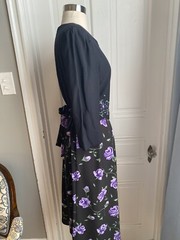 PERI PETITES VINTAGE BLACK TIE BELT DRESS WITH PURPLE FLORALS-SIZE10P-BEAUTIFUL