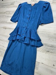 Vintage Dress Diamond’s Run Wayne Size Small 7/8 Peacock Blue Peplum 1980s