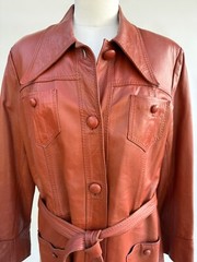 Vintage 70s Leather Jacket Women Burnt Sienna Belted Covered Buttons 4 Pockets L
