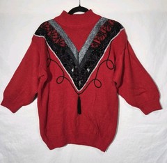 C’est Joli Too Vintage 80s Sweater Womens Med/Lrg Red Sequin Lace Tassel Glam